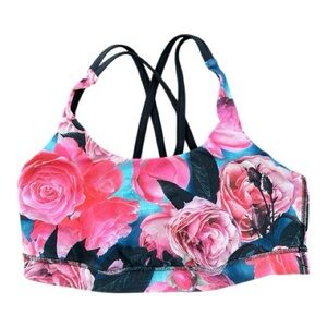 #102, Lululemon floral energy bra with crossed back straps, size 10